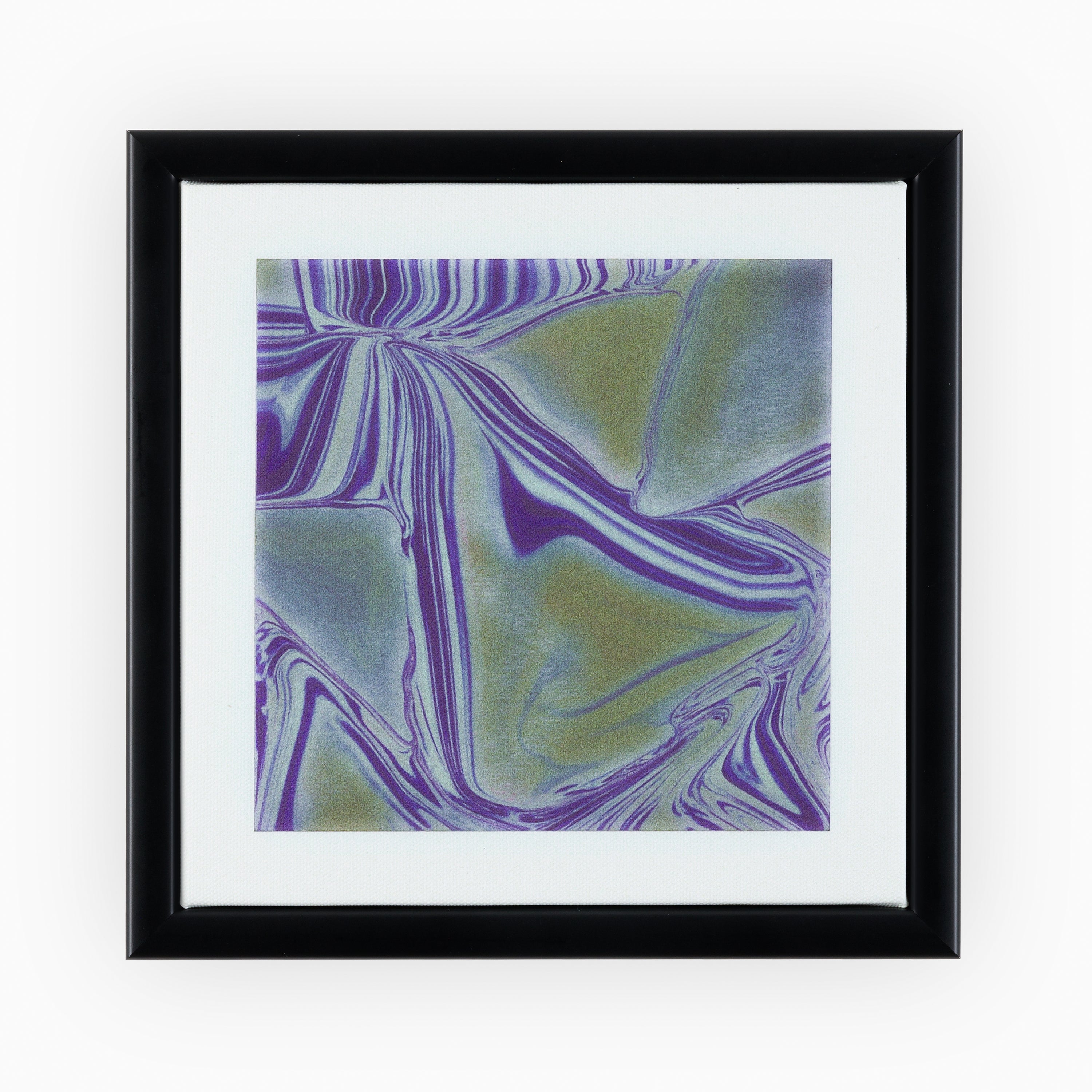 High-end canvas, digitally printed and set in a black frame. The artwork features abstracted natural shapes and fluid lines in shades of green and blue, the piece intends to showcase the process of photosynthesis creatively and abstractly.