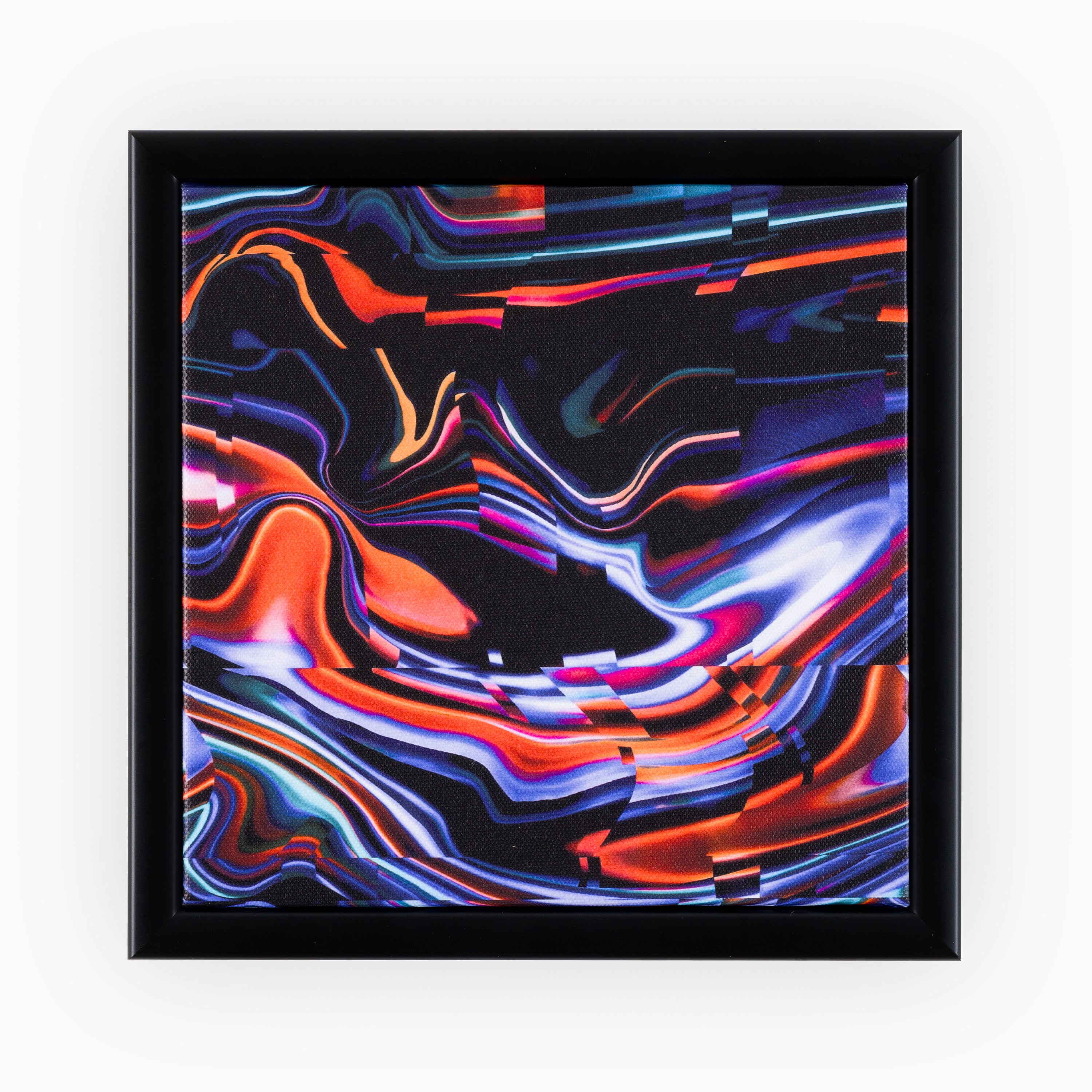 High-end abstract canvas art featuring an electric fusion of vivid colours against a dark background, creating a bold, flowing pattern, framed in a striking black border.