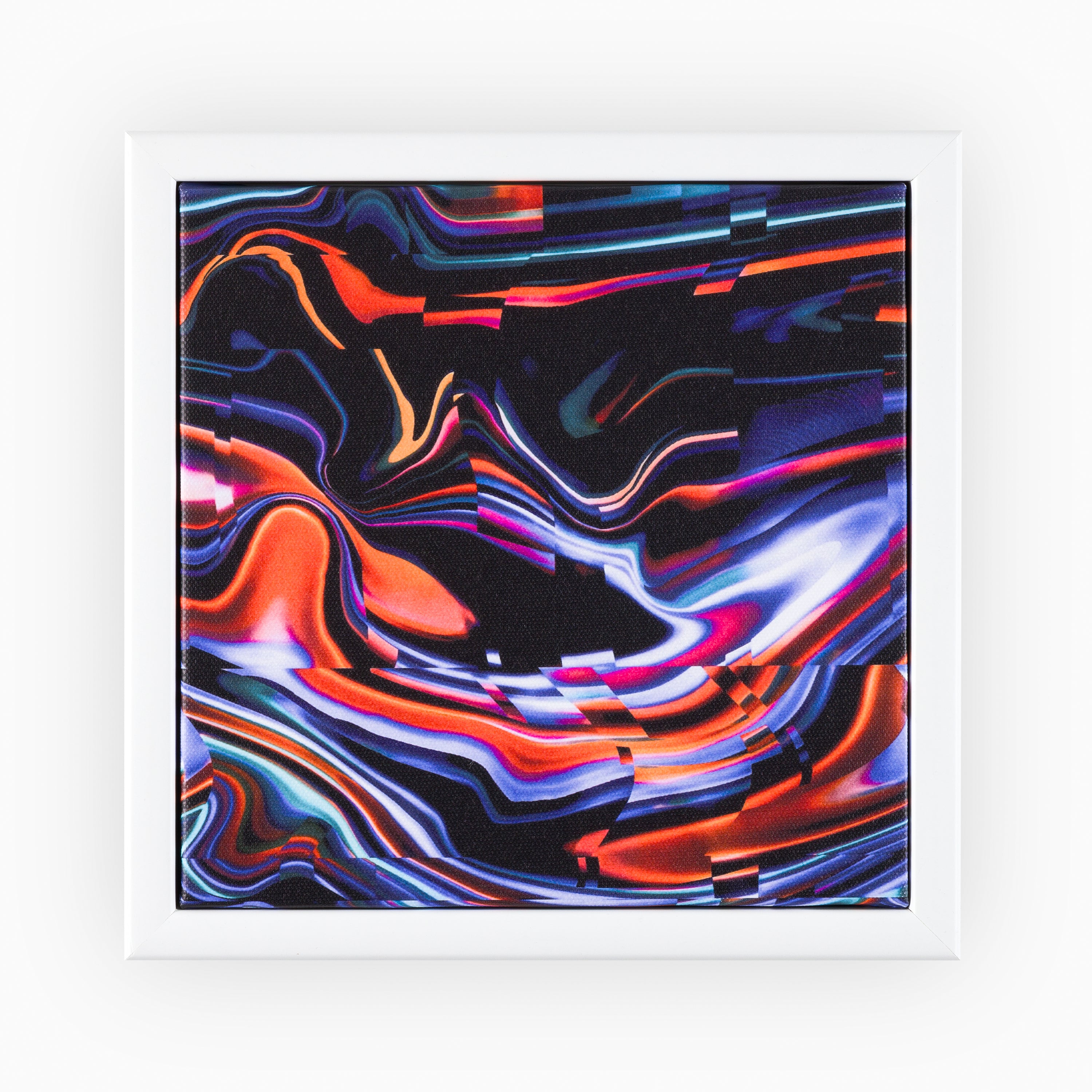 Designer abstract canvas art with a lively blend of bright, intense colours on a stark background, accentuating the fluid, abstract design, encased in a modern white frame.