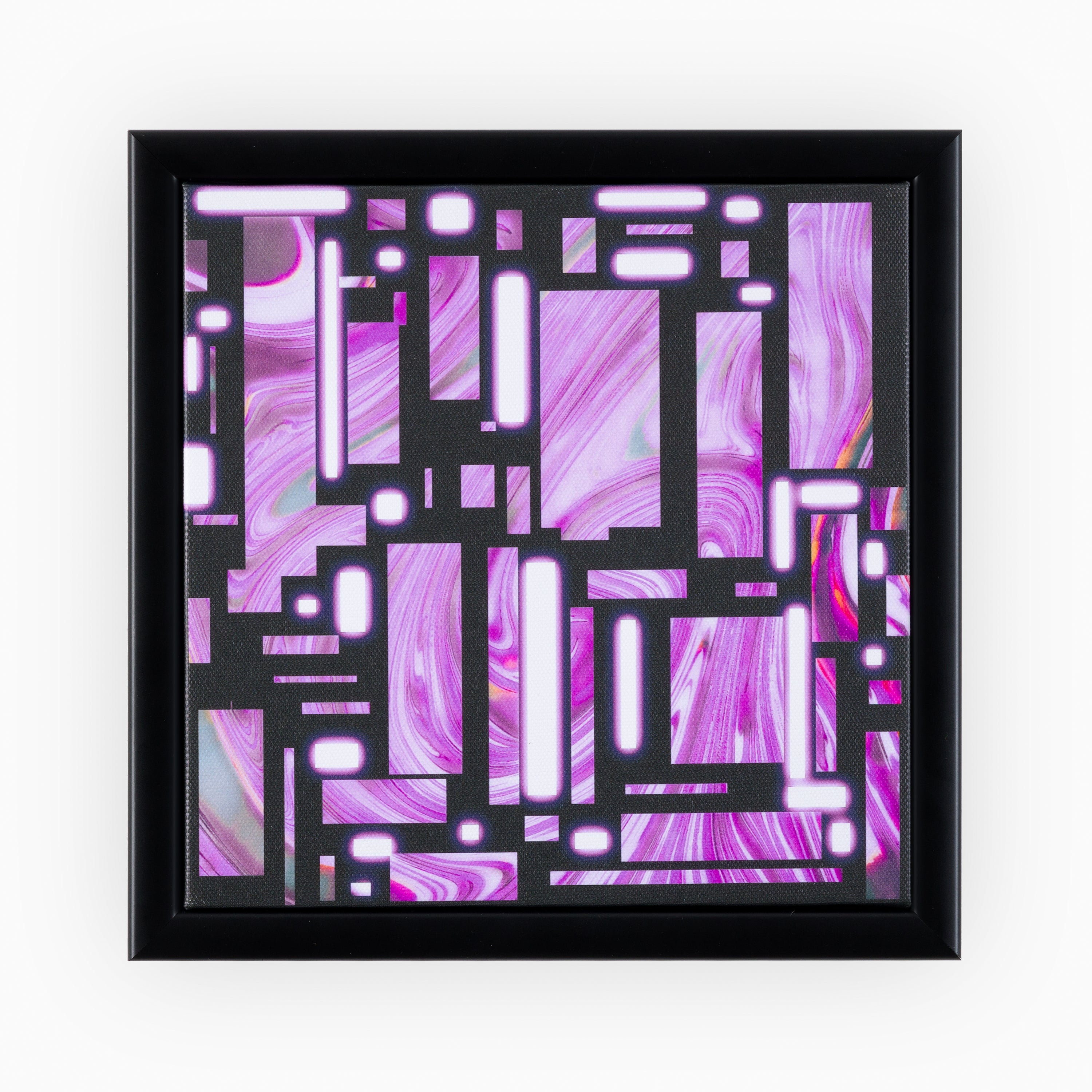 Artisanal abstract canvas art featuring a geometric lattice design over a swirling marbled pattern in shades of purple green and white - all encased in a classic black frame.