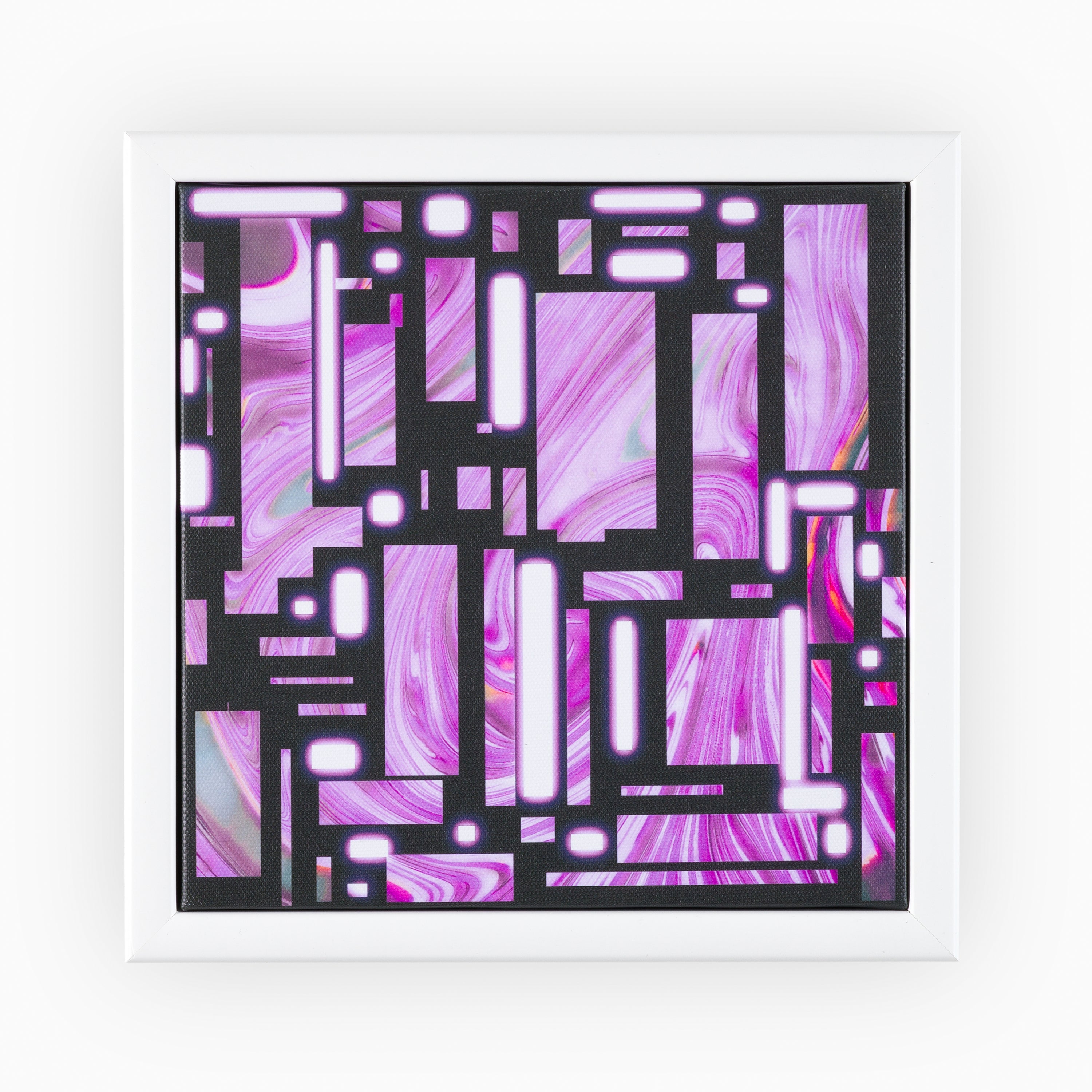 Contemporary abstract canvas artwork with a bold geometric overlay on a marble-effect background in hues of purple and white, presented within an elegant white frame.
