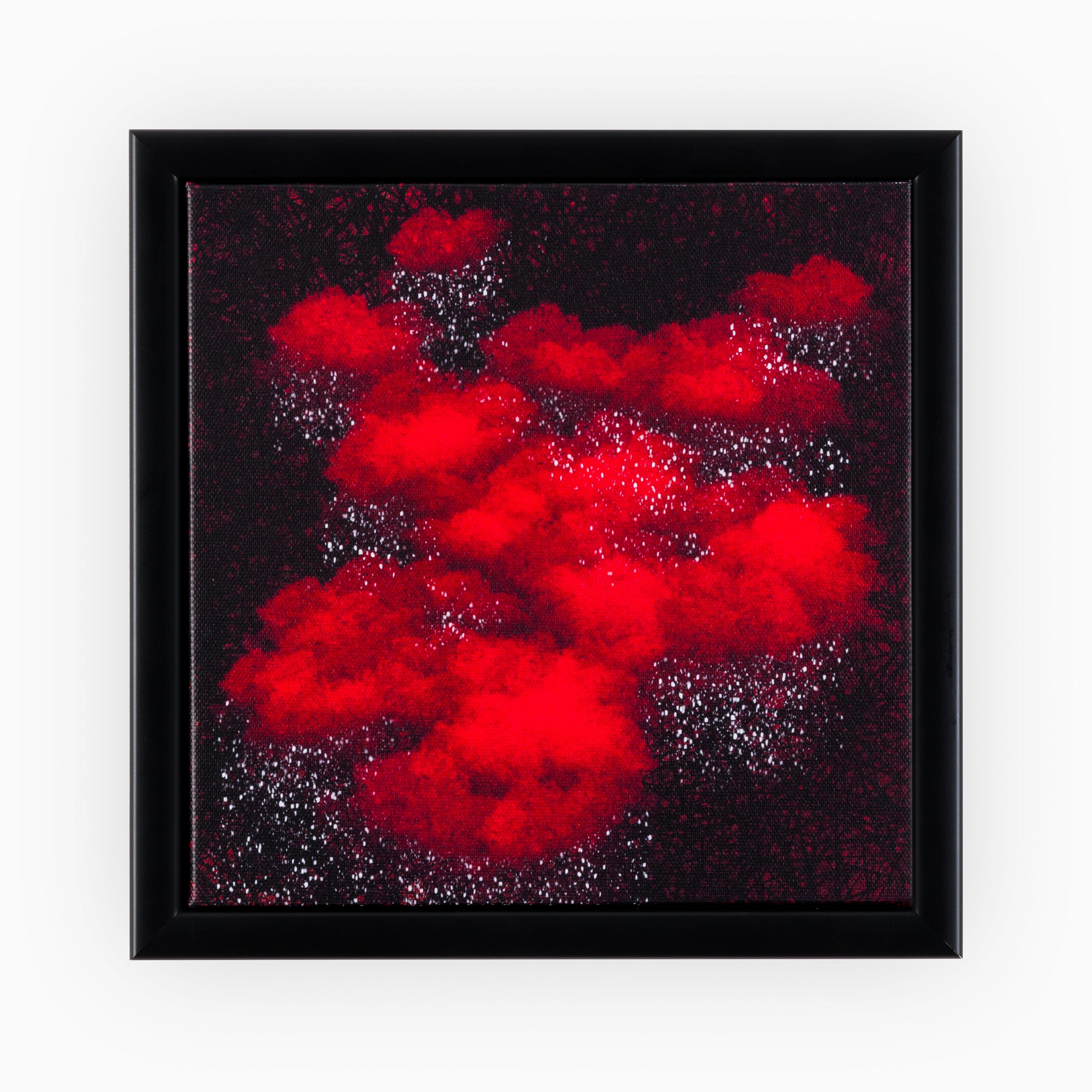 premium digital canvas art print in a black frame. Art features crimson and red clouds releasing white, snow-like particles amidst a geometric background.