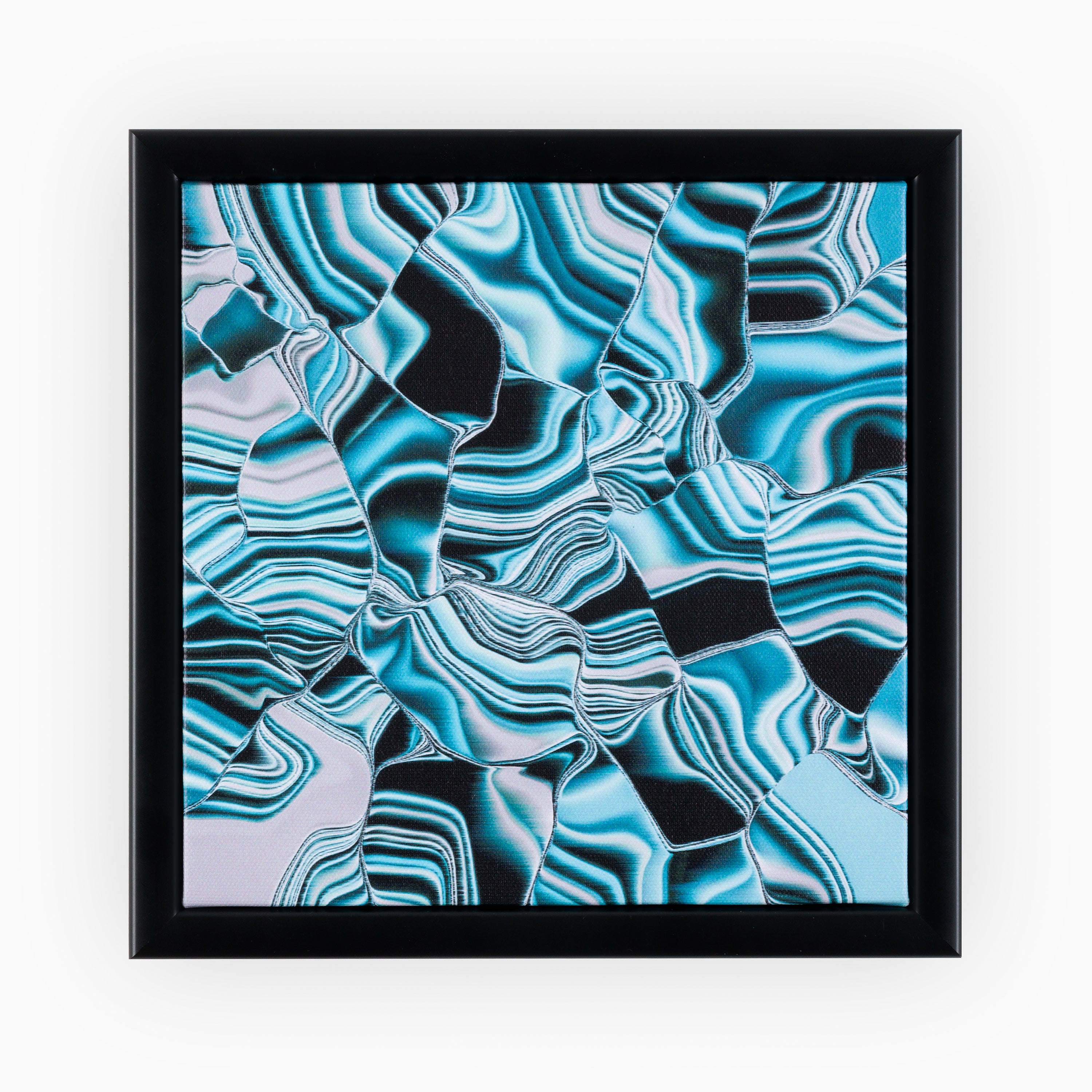 Deluxe abstract canvas print displaying an intricate pattern of refracted stripes in shades of turquoise and black, creating a ripple effect, encased in a sophisticated black frame.