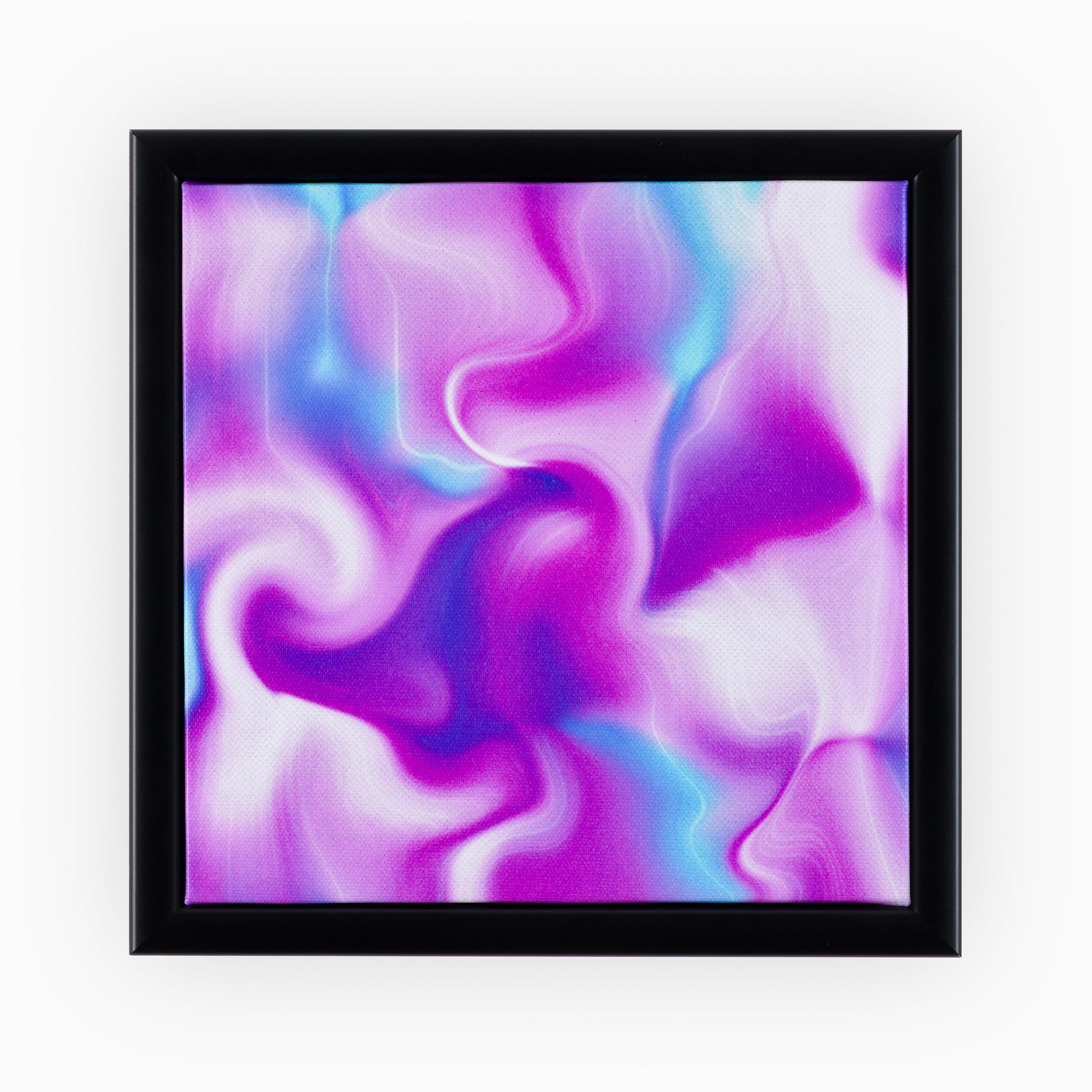 Digitally printed luxury canvas, encased in a sophisticated black frame, with a swirling pattern of pink, purple, and blue hues, resembling an ethereal ink drop in water.