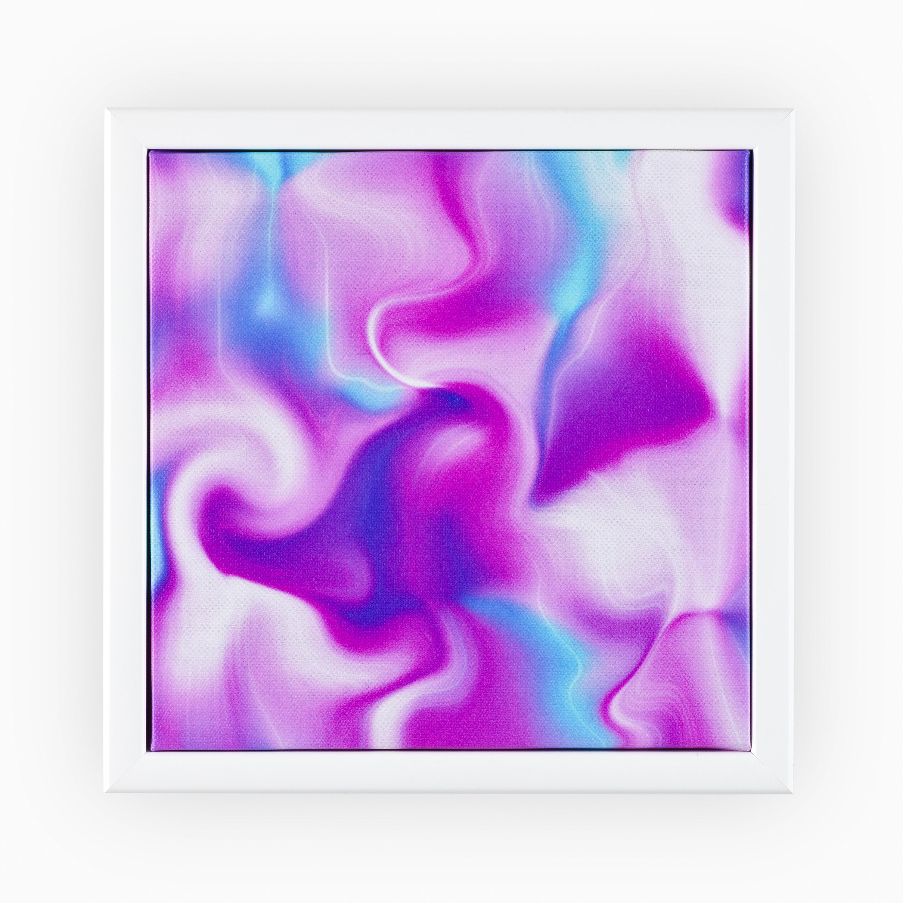 High-quality digital print on canvas, surrounded by a pristine white frame, featuring a vibrant, fluid mix of pink and lilac with subtle blue undertones, evoking the artistry of watercolour techniques.