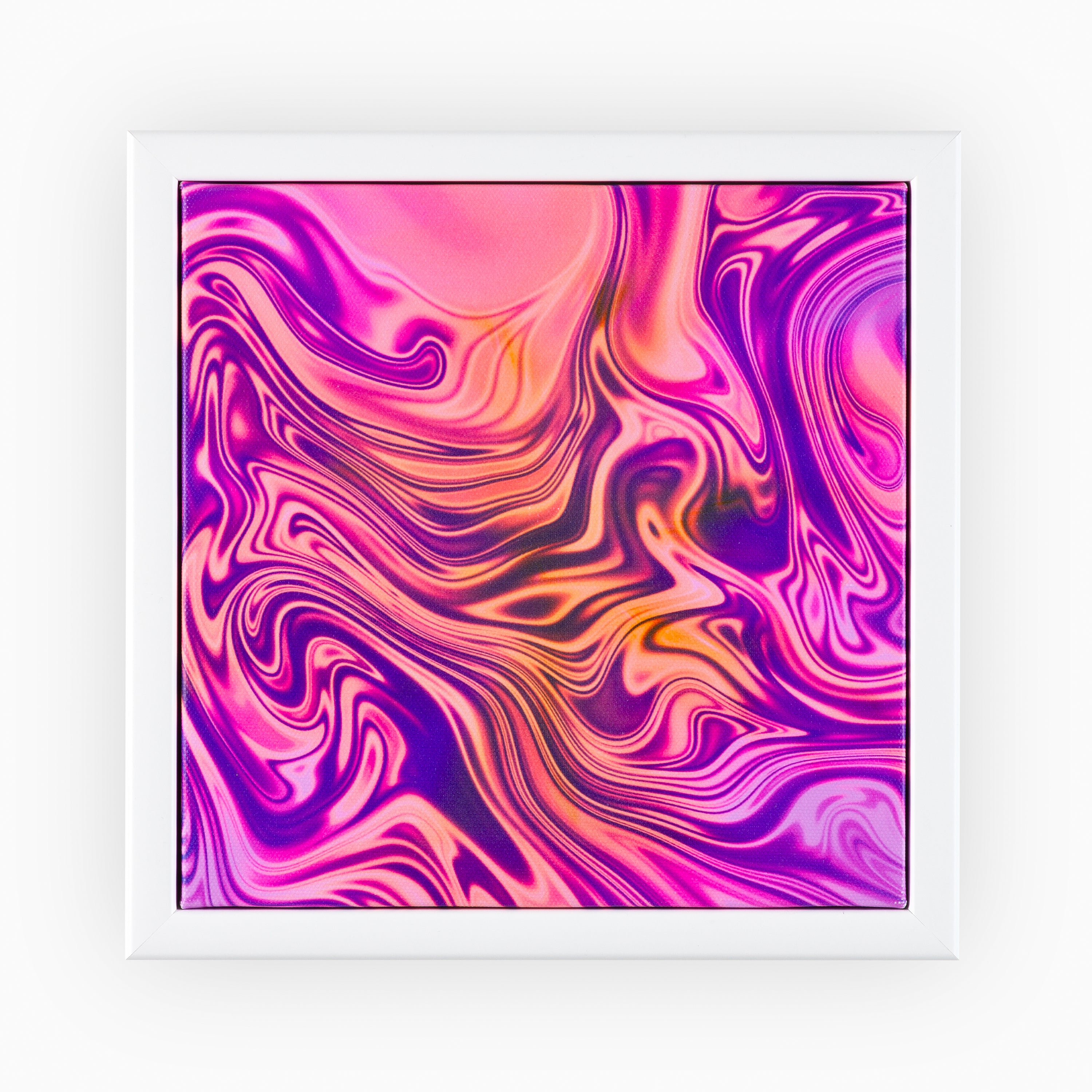 Captivating luxury abstract canvas print featuring vibrant swirls of pink, purple, and yellow, presented in a modern white frame, perfect for adding a touch of elegance to contemporary interiors.