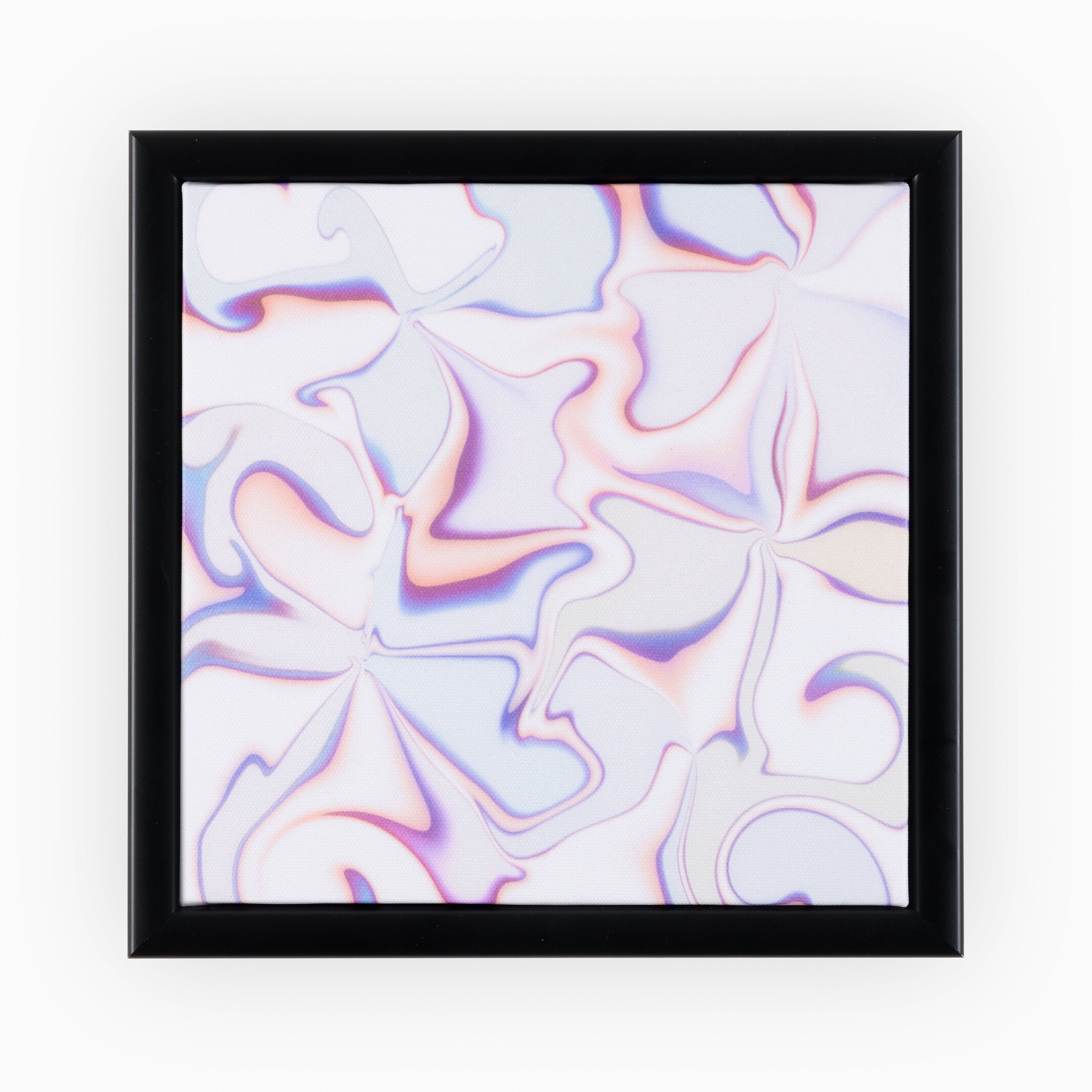 Luxury canvas in a black frame, with a digitally printed design that abstracts the flame-coloured, blue and red tips of jasmine flowers, set against a soft pastel background for a modern artistic twist.