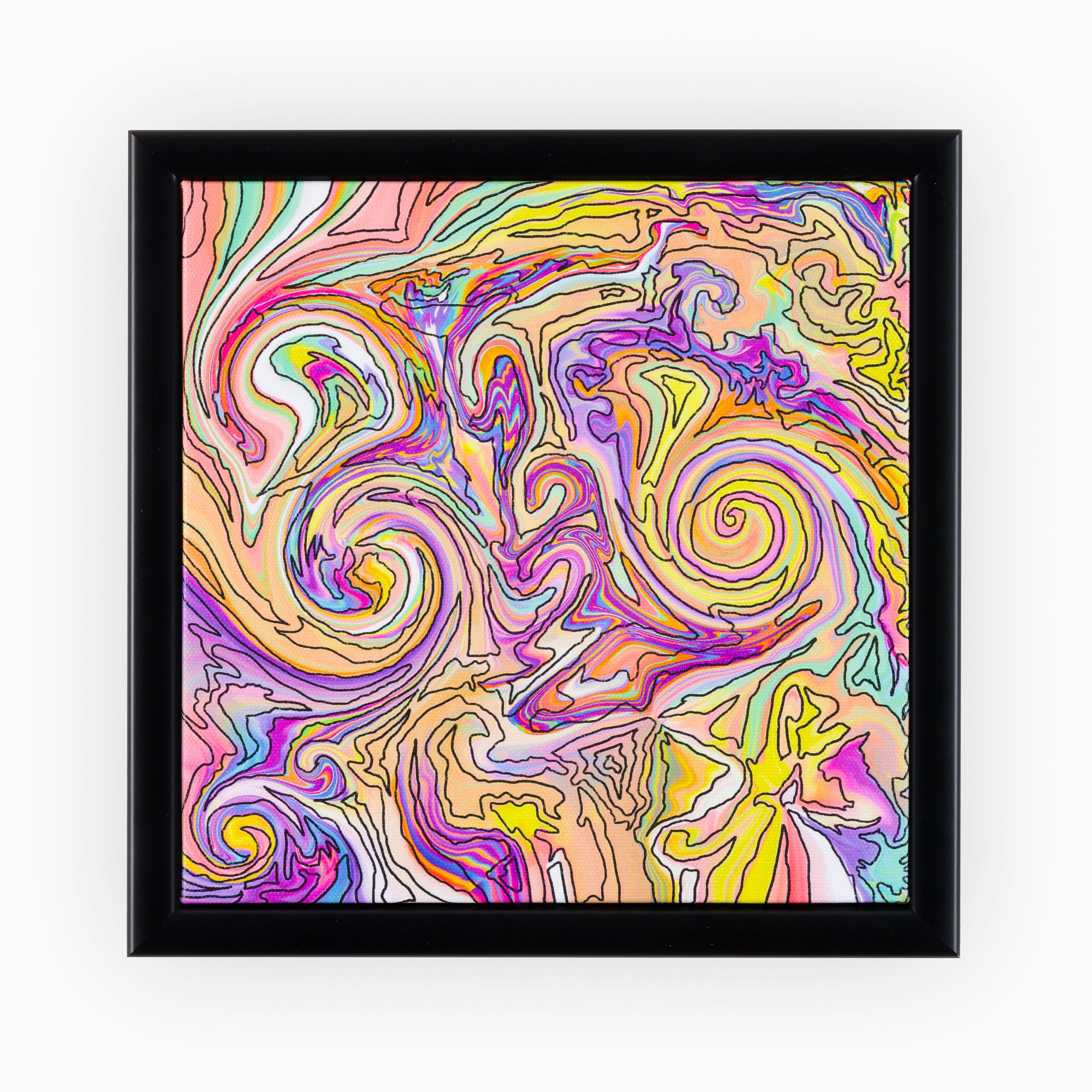 Luxury canvas in a black frame, featuring a vibrant digital print with swirling patterns in a kaleidoscope of colours, capturing the dynamic beauty of organised tumult.